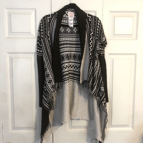 QUIKSILVER X-Small / Small Black White Open Cardigan Fringe Aztec Polka Dot Cozy - Picture 2 of 9